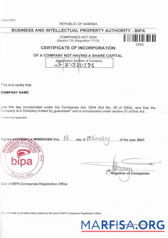 Printable Namibia Certificate of Corporation real example